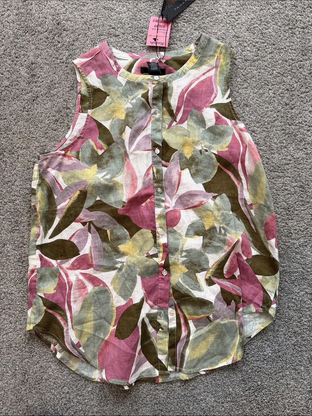Tahari Pink, Olive & Yellow Floral Button-Front Camisole